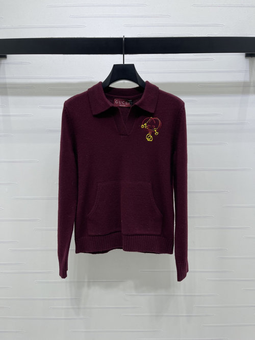Gucci Lapel Embroidery Knit Sweater with Double G Elements