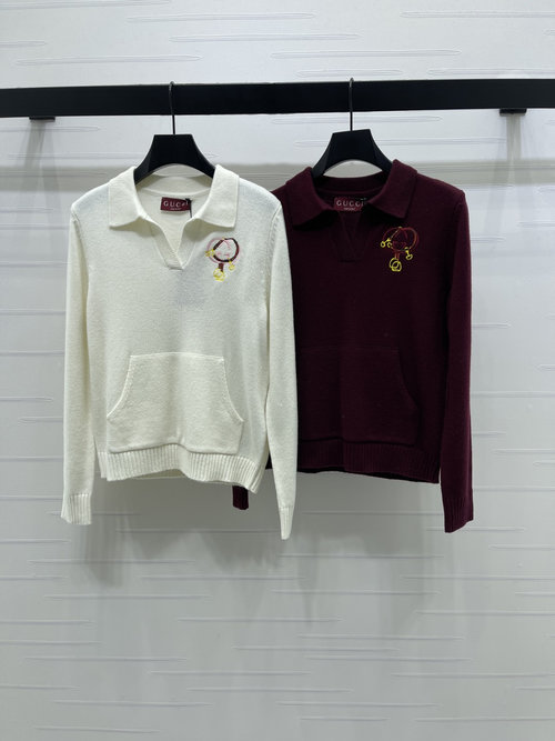 Gucci Lapel Embroidery Knit Sweater with Double G Elements