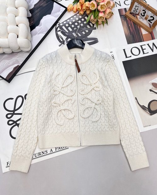 Loewe New Crochet Jacquard Cardigan with 3D Logo and Leather Zipper
