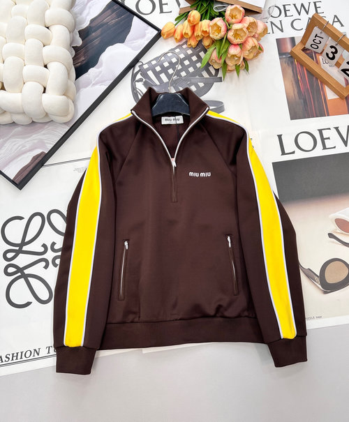 Miu Miu Zippered Collar Pullover with Color Tape and Letter Logo