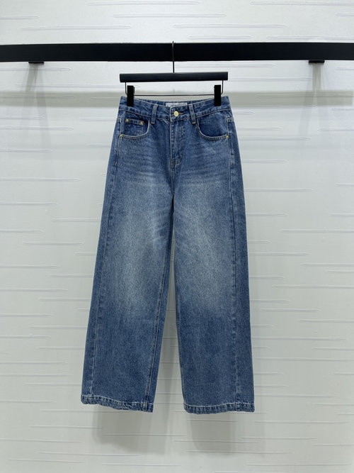 Loewe High-Waisted Wide-Leg Denim Pants with Embroidered Logo