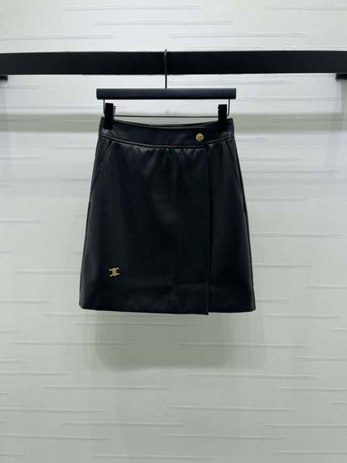 Celine One-Piece Leather Skirt with Adjustable Logo Buttons