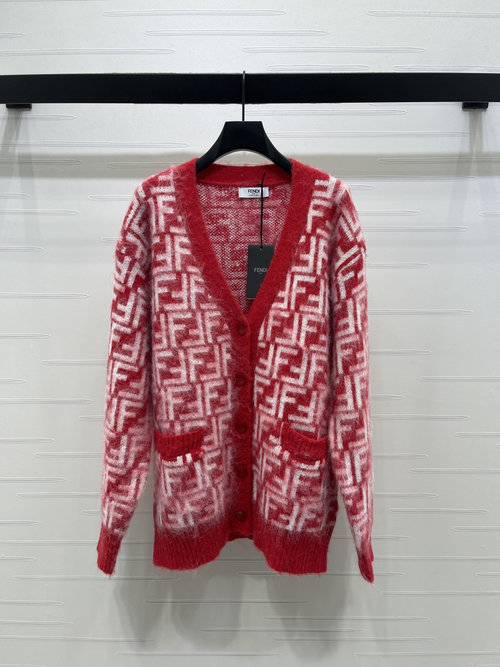 Fendi Mohair Jacquard V-Neck Knit Cardigan with Double F Logo