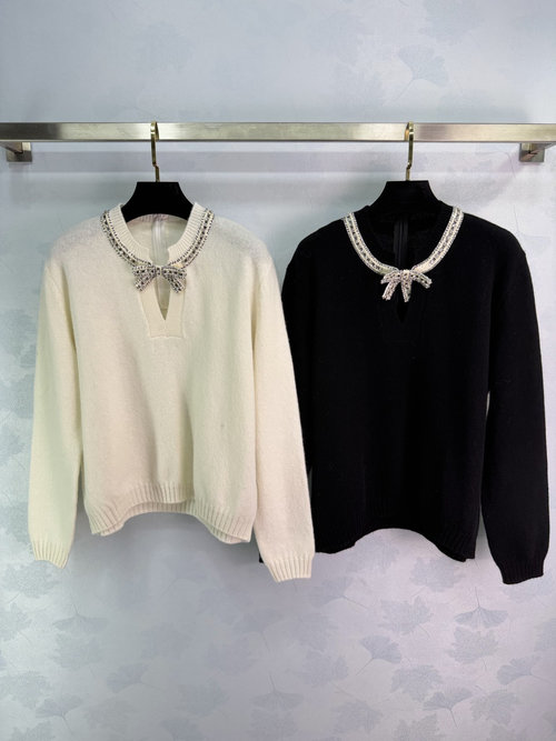 Valentino Classic V - Neck Knit Top with Rhinestones and Bow
