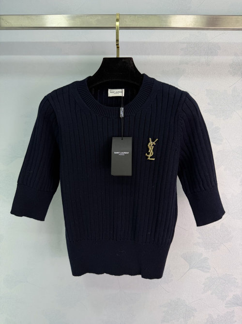 Yves Saint Laurent Cashmere Ribbed Round-neck Short Sleeve with Metal Pin