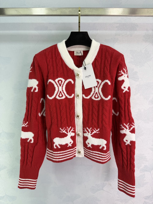 Celine Contrast-color Arch Logo Round-neck Knit Cardigan, Premium Wool