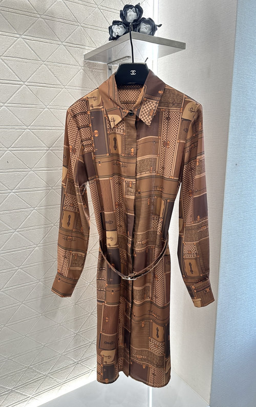 Louis Vuitton Printed Silk Belted Collared Shirt Dress with Hidden Buttons
