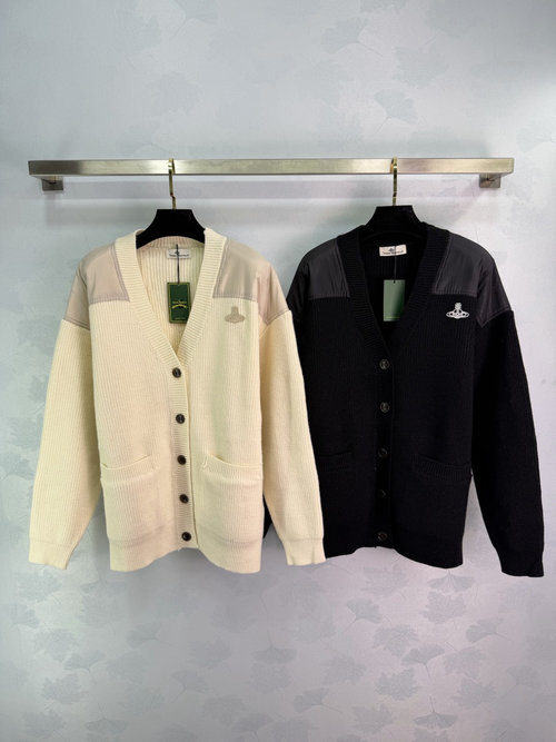 Vivienne Westhood V-Neck Planet Emblem Knit Cardigan with Nylon Accents, Stylish Appeal