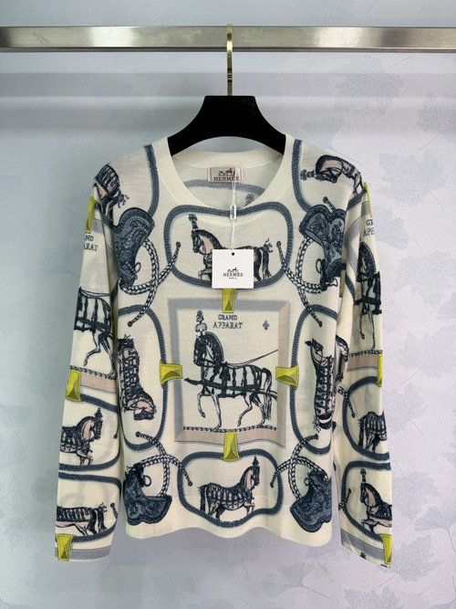 Hermes High - Quality Wool Equestrian Pattern Knitted Top, Relaxed Fit
