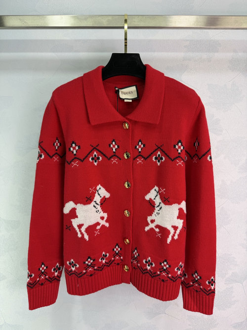 Gucci Embroidered Horse Collar Knit Sweater with Nordic Patterns, Festive Look