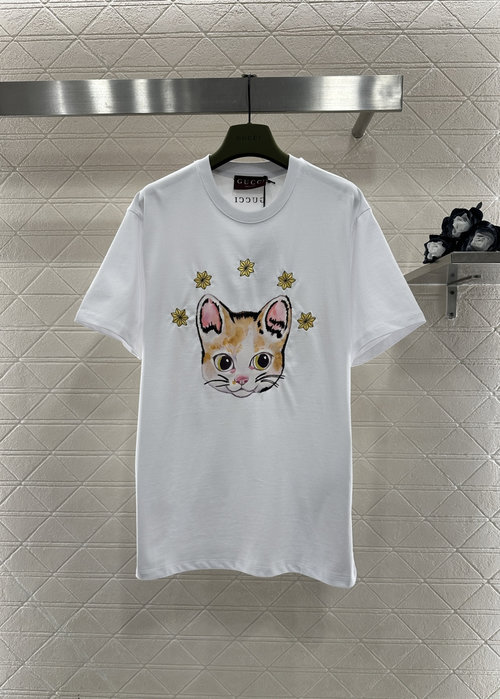 Gucci Embroidered Floral Cat Print Cotton T-Shirt