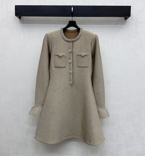 Self-Portrai Custom Imported Wool Knit A-line Dress with Metal Buttons