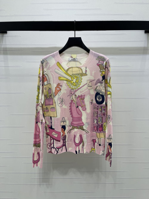 Hermes Latest Printed Round-Neck Knit Long-Sleeve, Artistic Flair