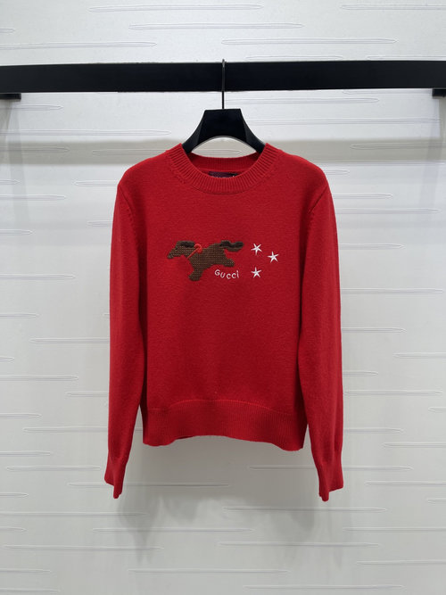 Gucci Round Neck Cartoon Embroidered Cotton Sweater