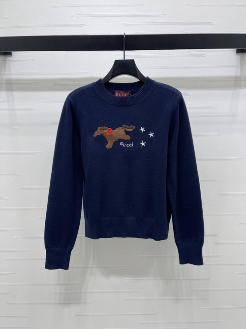 Gucci Round Neck Cartoon Embroidered Cotton Sweater