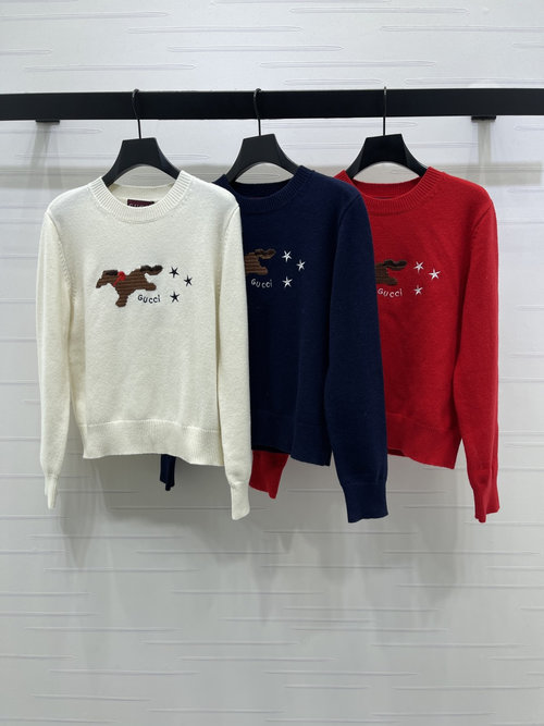 Gucci Round Neck Cartoon Embroidered Cotton Sweater