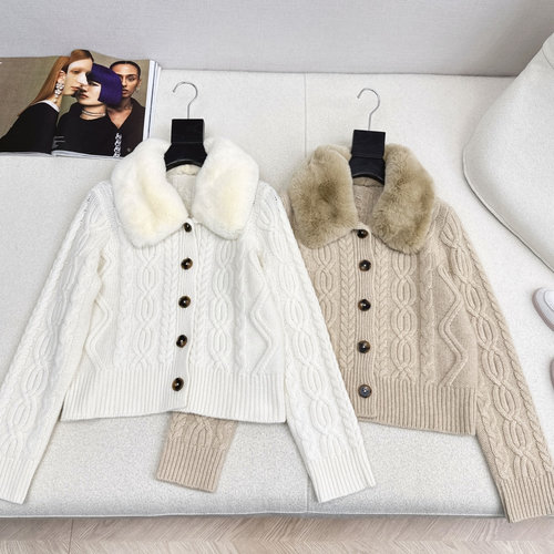 Loro Piana Detachable Fox Fur Collar Knitted Cashmere Cardigan, Elegant and Relaxed