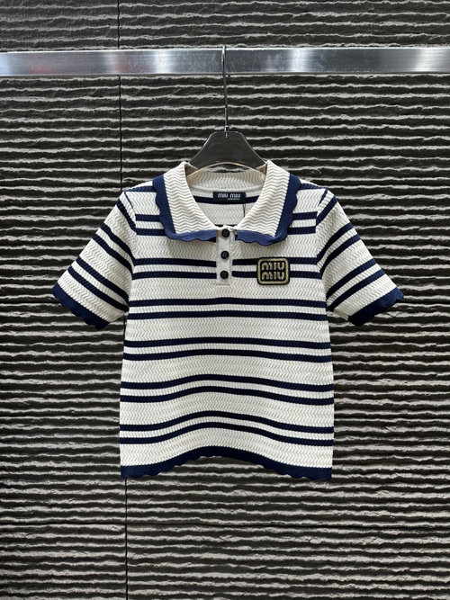 Miu Miu Collared Striped Knit Short - Sleeve Top