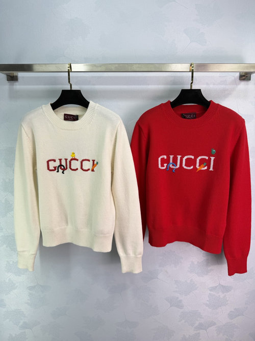 Gucci Wool Blend Crew Neck Sweater with Letter and Double G Logo