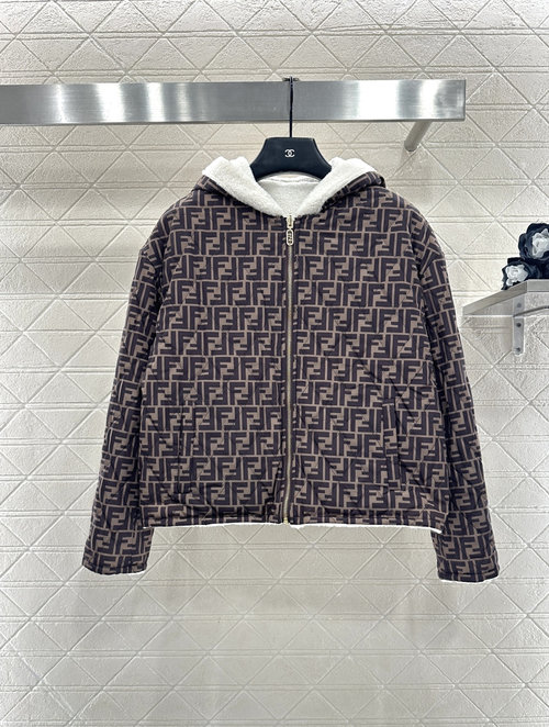 Fendi Reversible Teddy Hooded Zip-Up Jacket, Dual-Sided Design, Classic Double F Logo, Relaxed Fit