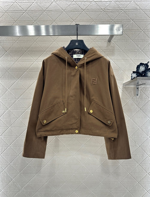Fendi Hooded Drawstring Jacket with Embroidered Logo and Old Flower Pattern Lining, Exquisite Craft
