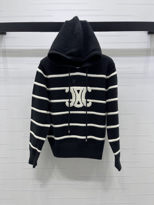 Celine Luxury Hooded Striped Knit Sweater with Arch Design