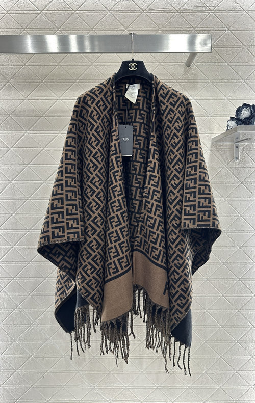 Fendi Custom Knit Cape Shawl with Double F Jacquard and Tassels