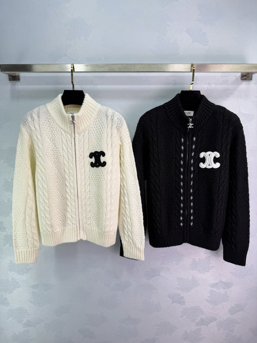 Celine Stand-Collar Diamond Pattern Knitted Cardigan with Logo