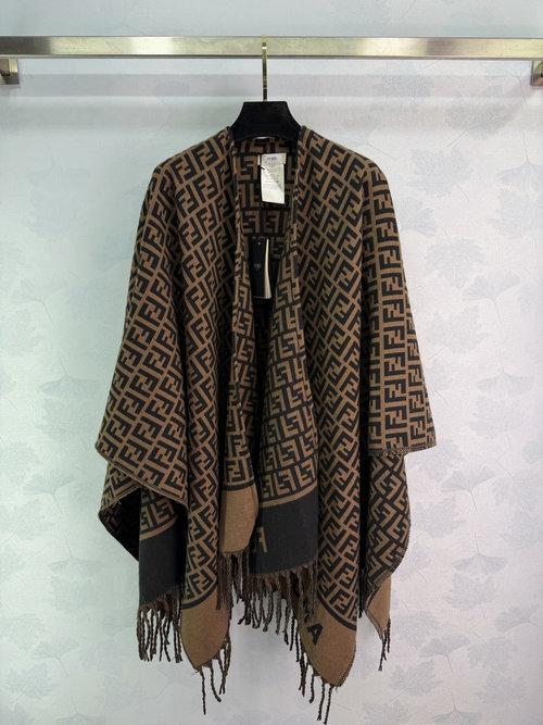 Fendi Luxurious Cashmere Cape Shawl with Monogram and Tassel