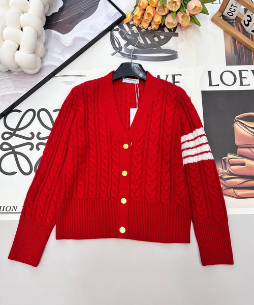 Thom Browne Retro V-Neck Short Knit Cardigan with Colorful Stripes, Classic