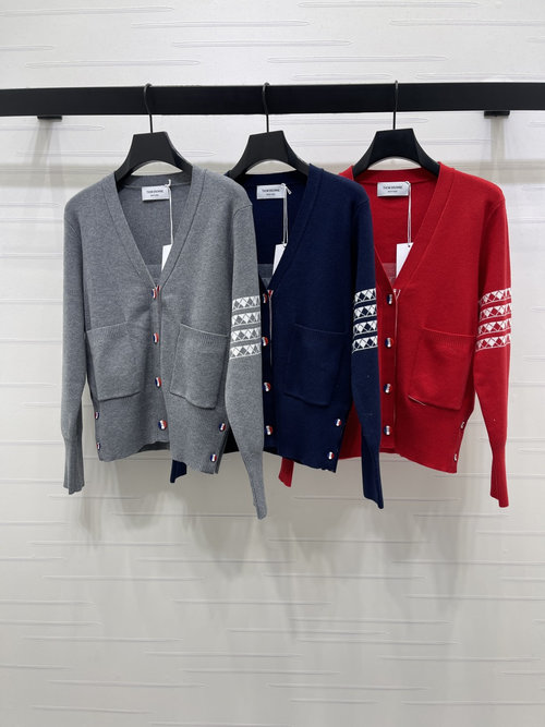 Thom Browne V-Neck Knit Cardigan with Geometric Arm Stripes
