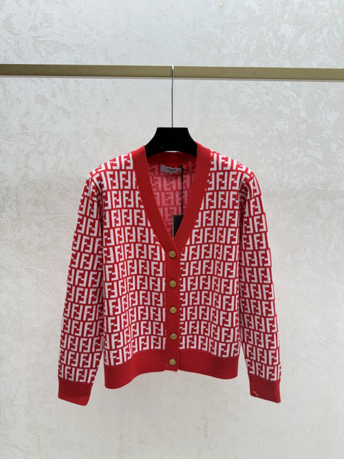 Fendi Contrast Floral Letter V-Neck Knitted Long-Sleeve Cardigan in Red