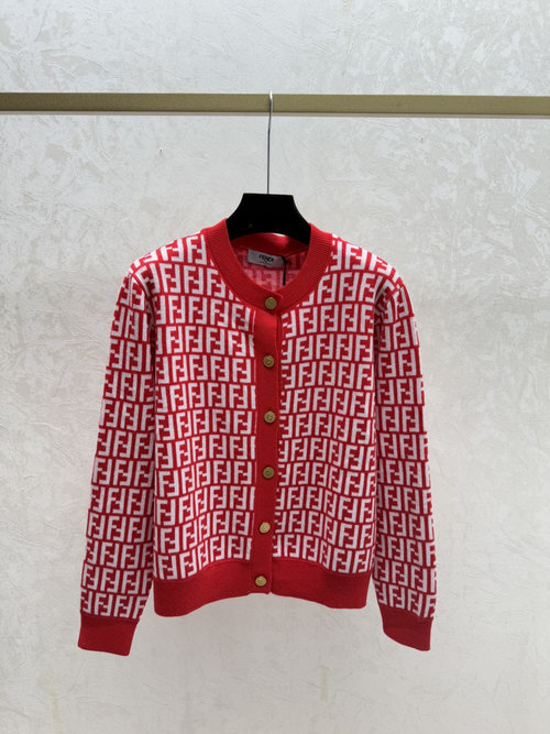 Fendi Contrast Floral Letter Round-Neck Knitted Long-Sleeve Cardigan in Red