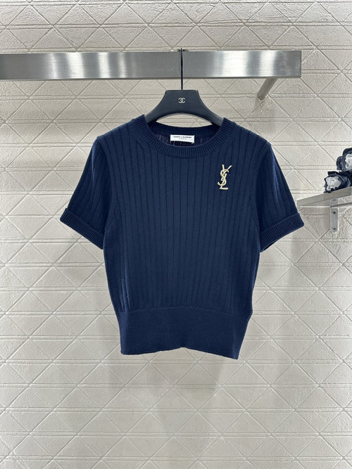 Yves Saint Laurent High-Quality Round Neck Knit Short Sleeve with Gold Brooch, Navy Blue