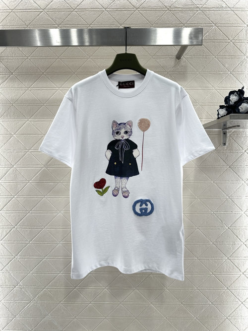 Gucci Customized All-Cotton Short-Sleeve with Beaded Embroidery Kitten Print
