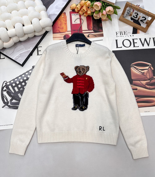 Polo Ralph Lauren Cotton Knit Sweater with Hand-Hooked Bear Pattern