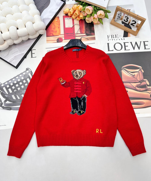 Polo Ralph Lauren Cotton Knit Sweater with Hand-Hooked Bear Pattern