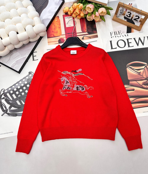 Burberry Wool Knit Sweater with Horse Riding Embroidery and Logo Trim