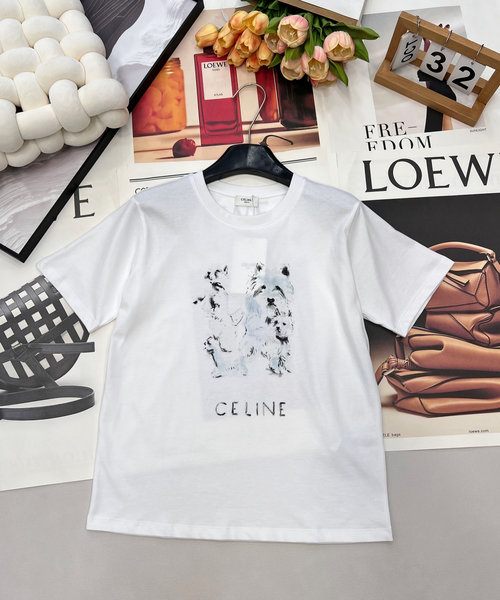 Celine Custom Cotton T-shirt with Dog Sketch and Embroidered Logo