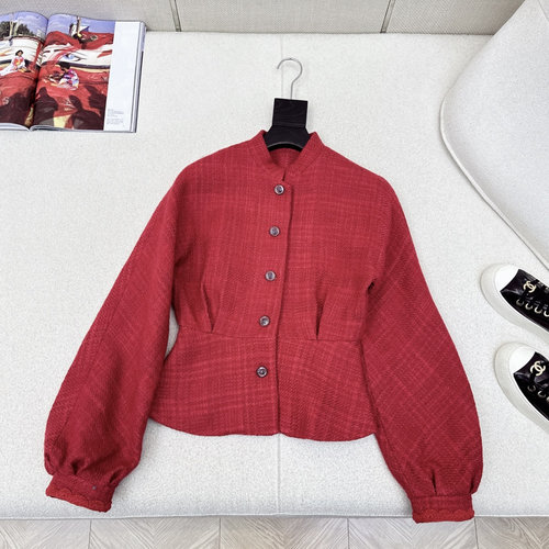 Chanel Elegant Knit Waist-Contracted Puff-Sleeve Plaid Coat