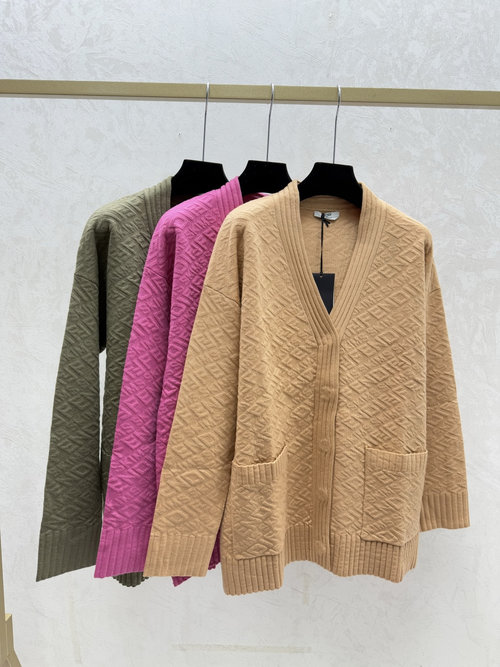 Fendi Solid Damask Letter V-neck Khaki, Pink and Green Long Sleeve Knit Cardigan