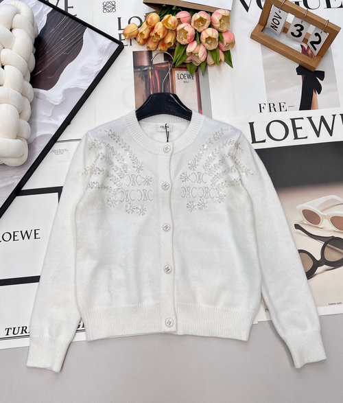 Celine Limited Edition Sequined Letter Embroidered Cardigan, Soft & Versatile