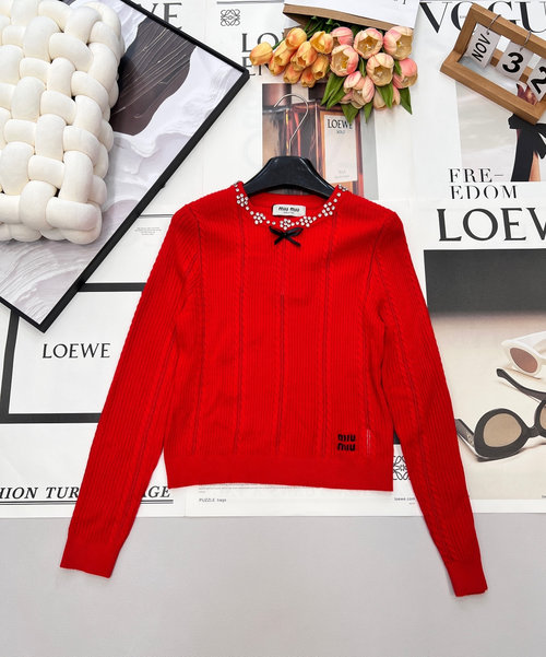 Miu Miu Charming Red Bow Diamond Knit Sweater, Sweet and Sophisticated