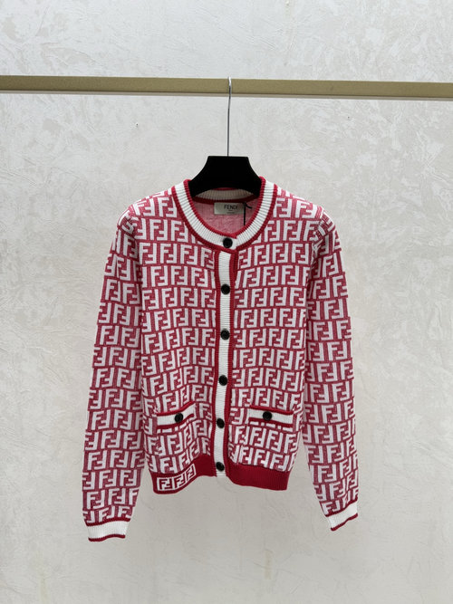 Fendi Color-blocked Vintage Letter Round-neck Long Sleeve Knit Cardigan in Red
