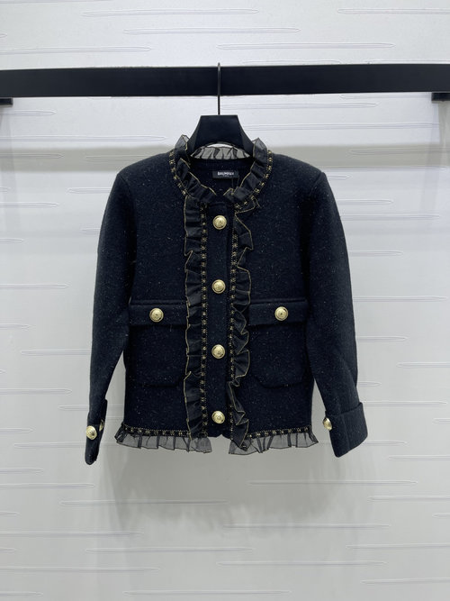 Balmain Lace Round-neck Knitted Cardigan, Elegant and Sophisticated