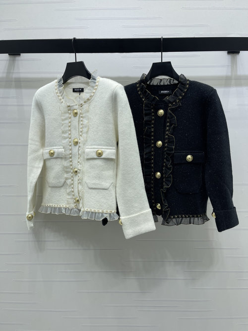 Balmain Lace Round Neck Knit Cardigan with Elegant Trim