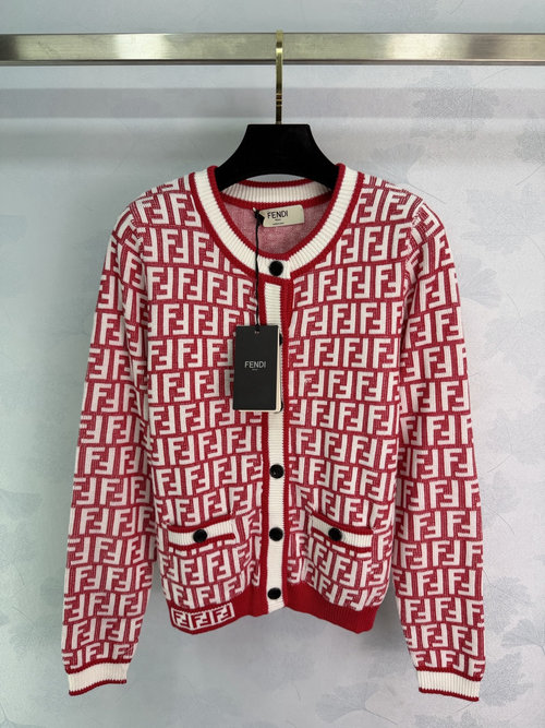 Fendi Custom Wool Yarn Knit Cardigan with Double F Logo Pattern