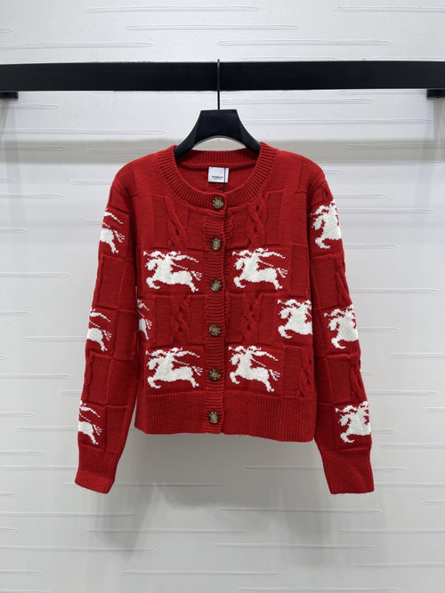 Burberry Cable-Knit Round-Neck Cardigan with War Horse Jacquard Pattern