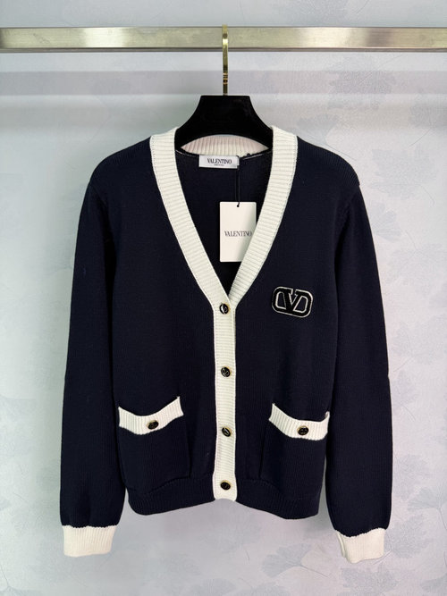 Valentino V-neck Knitted Cardigan in Wool Blend, Simple yet Distinguished Design