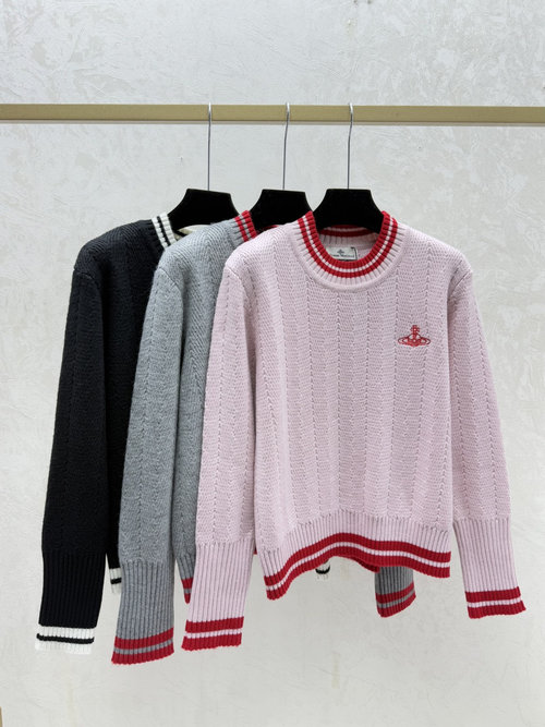 Vivienne Westhood Contrasting Stripe Round-Neck Long-Sleeved Knitted Top in Pink, Gray, and Black